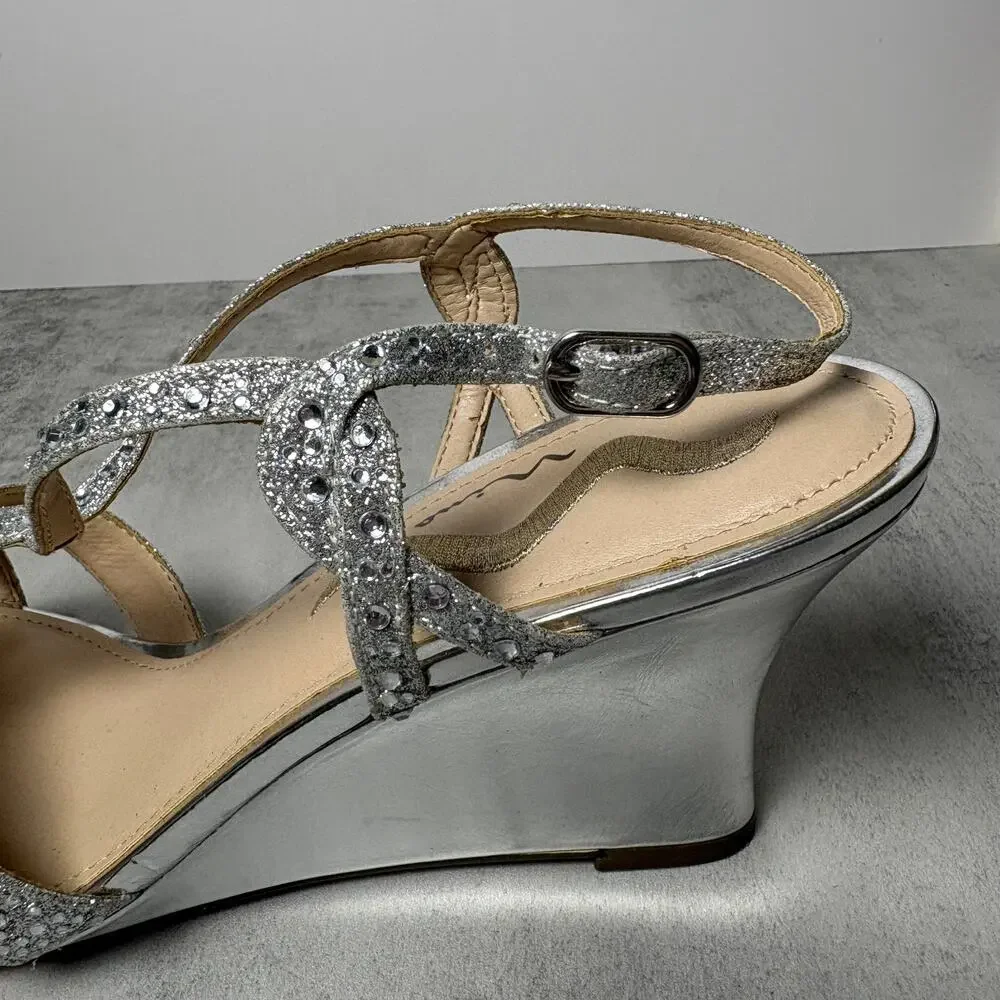 Nina Vanida Wedge Strappy Silver Glitter Rhinestone Dress Sandal Women's 9.5 - Picture 9 of 12